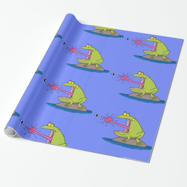 Funny green frog and fly cartoon pattern wrapping paper (Unrolled)