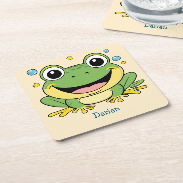 Funny Green Frog animal wildlife cartoon Birthday Square Paper Coaster (Angled)