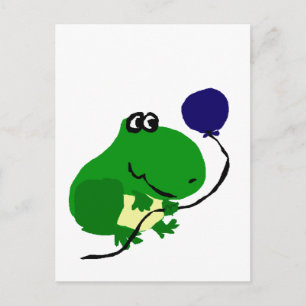 Funny Green Frog Holding Blue Birthday Balloon Postcard