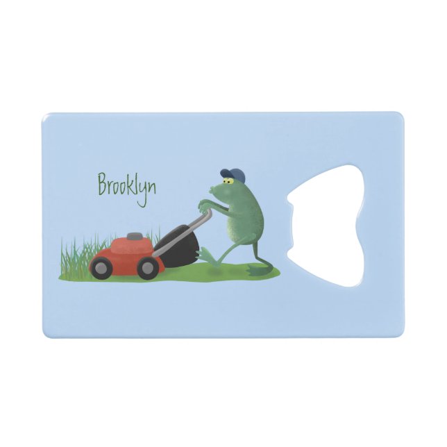 Funny green frog mowing lawn cartoon (Front (Horizontal))