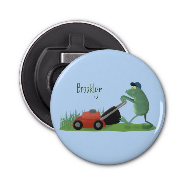Funny green frog mowing lawn cartoon bottle opener (Front)