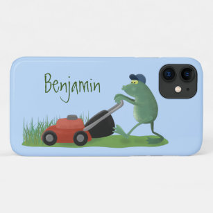Funny green frog mowing lawn cartoon Case-Mate iPhone case