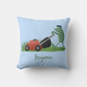 Funny green frog mowing lawn cartoon cushion