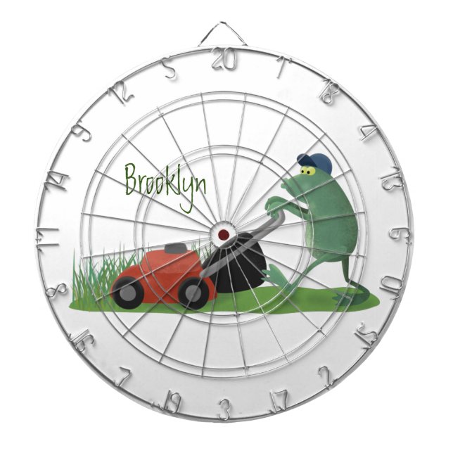 Funny green frog mowing lawn cartoon dartboard (Front)