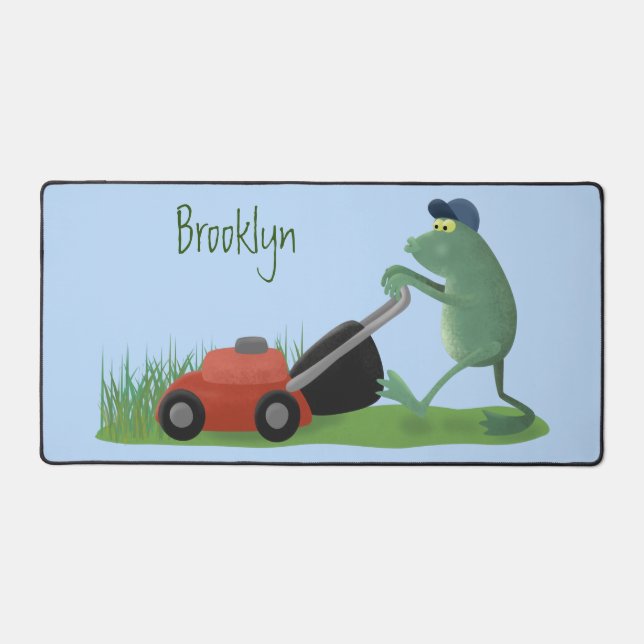 Funny green frog mowing lawn cartoon desk mat (Front)