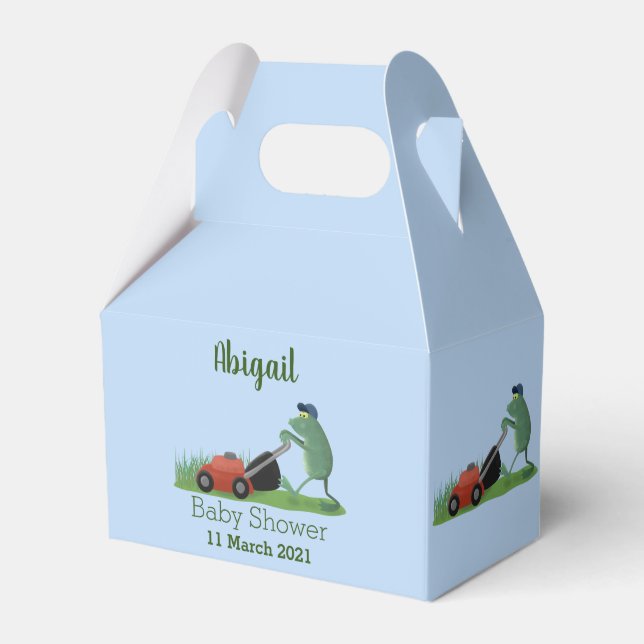 Funny green frog mowing lawn cartoon favour box (Front Side)