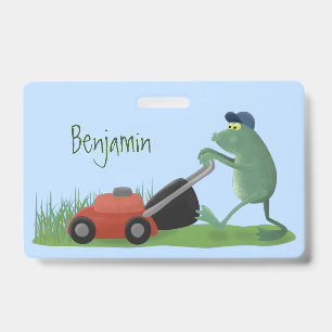 Funny green frog mowing lawn cartoon ID badge