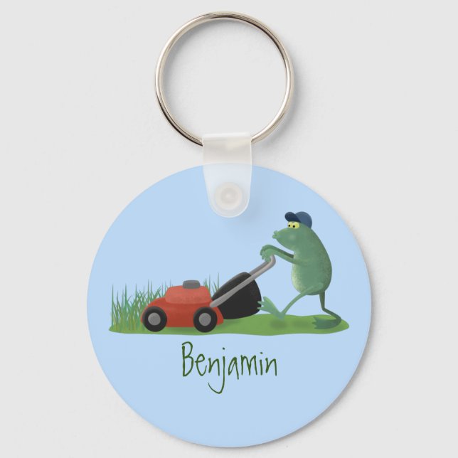 Funny green frog mowing lawn cartoon key ring (Front)