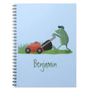Funny green frog mowing lawn cartoon notebook