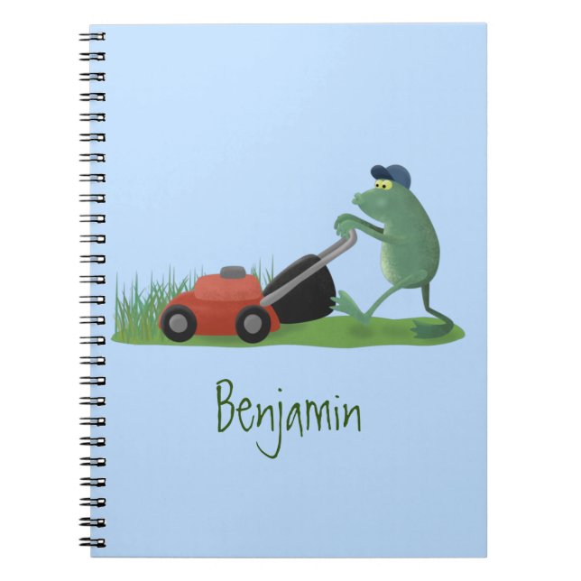 Funny green frog mowing lawn cartoon notebook (Front)