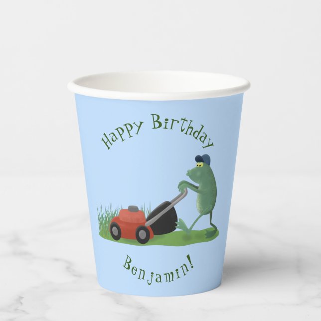 Funny green frog mowing lawn cartoon paper cups (Front)