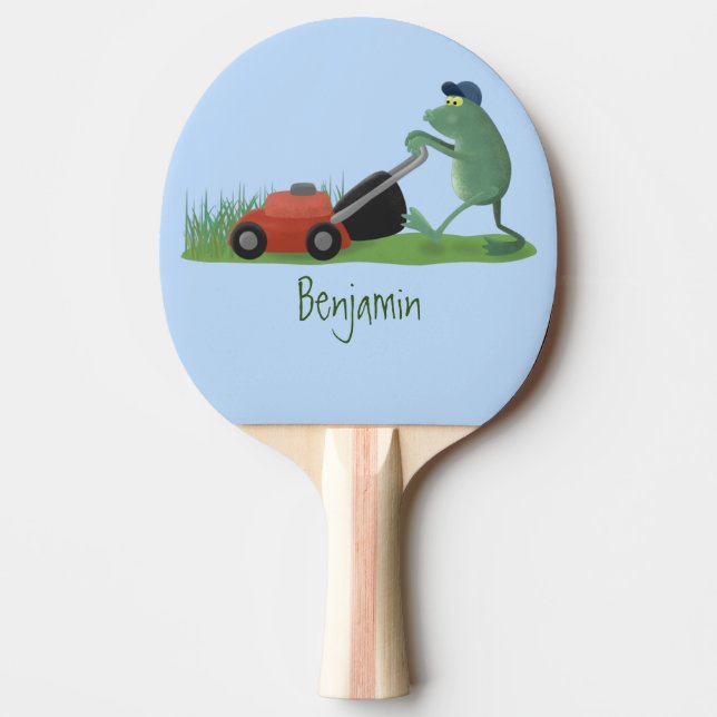 Funny green frog mowing lawn cartoon ping pong paddle (Front)