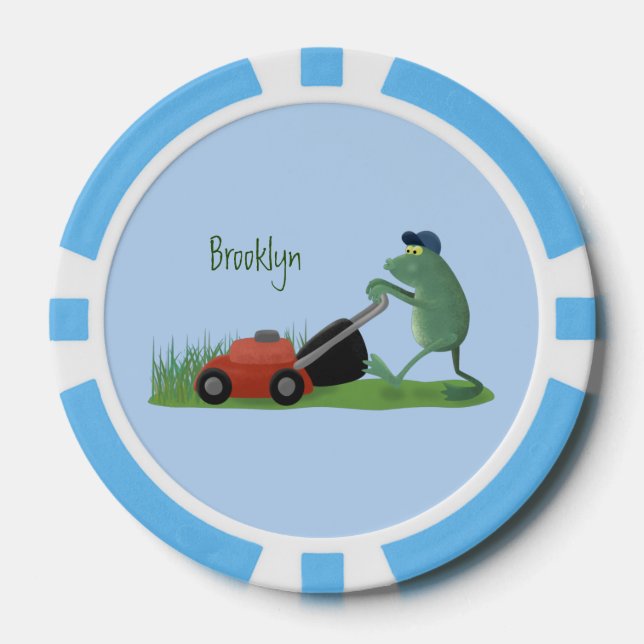 Funny green frog mowing lawn cartoon poker chips (Front)