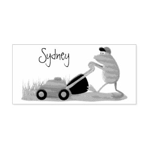 Funny green frog mowing lawn cartoon rubber stamp