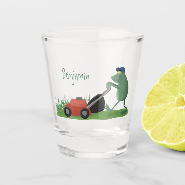 Funny green frog mowing lawn cartoon  shot glass (Front)