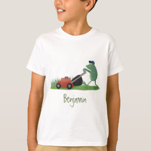 Funny green frog mowing lawn cartoon T-Shirt