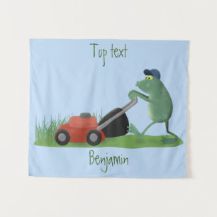 Funny green frog mowing lawn cartoon  tapestry
