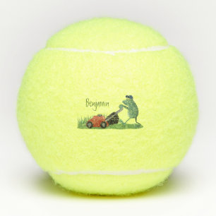 Funny green frog mowing lawn cartoon tennis balls