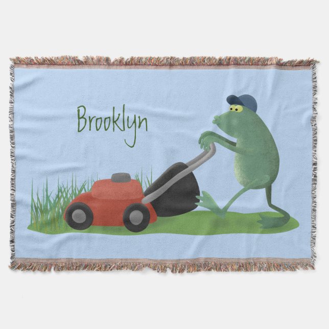 Funny green frog mowing lawn cartoon throw blanket (Front)