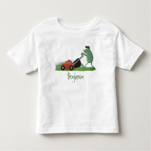 Funny green frog mowing lawn cartoon toddler T-Shirt