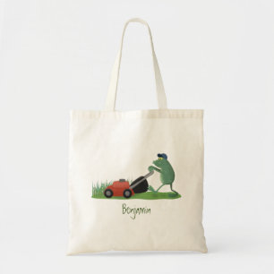 Funny green frog mowing lawn cartoon tote bag