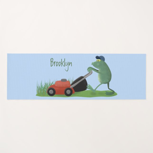 Funny green frog mowing lawn cartoon yoga mat (Front (Horizontal))