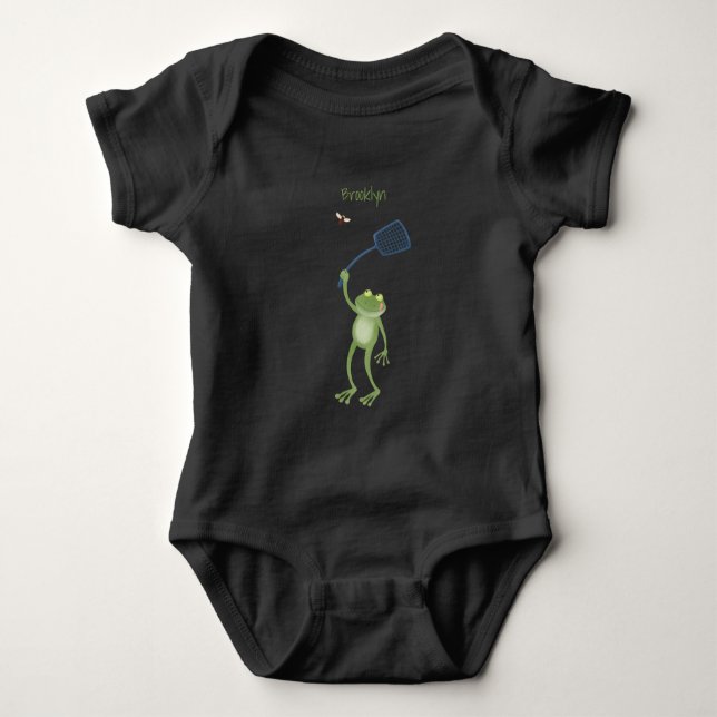 Funny green frog swatting fly cartoon baby bodysuit (Front)