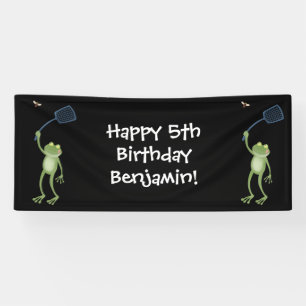 Funny green frog swatting fly cartoon banner