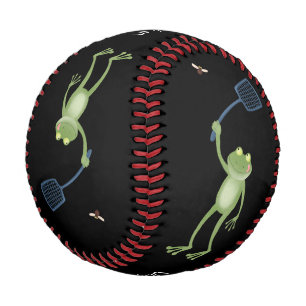 Funny green frog swatting fly cartoon baseball