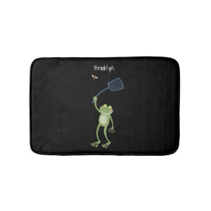 Funny green frog swatting fly cartoon bath mat
