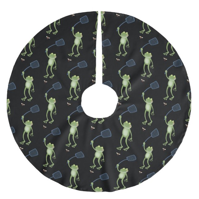 Funny green frog swatting fly cartoon  brushed polyester tree skirt (Front)