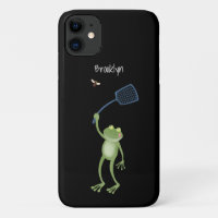 Funny green frog swatting fly cartoon