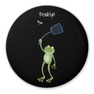 Funny green frog swatting fly cartoon ceramic knob