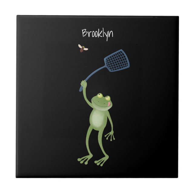Funny green frog swatting fly cartoon  ceramic tile (Front)