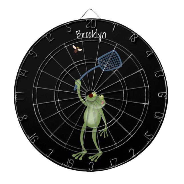 Funny green frog swatting fly cartoon dartboard (Front)