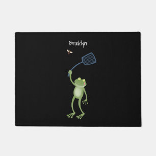 Funny green frog swatting fly cartoon doormat