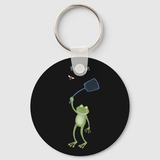 Funny green frog swatting fly cartoon key ring (Front)
