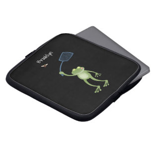 Funny green frog swatting fly cartoon laptop sleeve