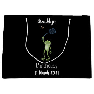 Funny green frog swatting fly cartoon  large gift bag