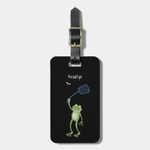 Funny green frog swatting fly cartoon  luggage tag