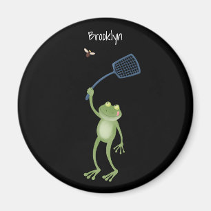 Funny green frog swatting fly cartoon magnet
