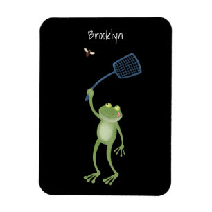Funny green frog swatting fly cartoon magnet