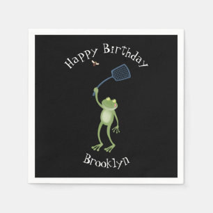 Funny green frog swatting fly cartoon napkin