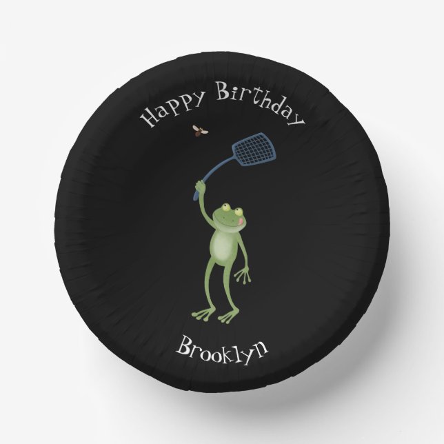 Funny green frog swatting fly cartoon  paper plate (Front)