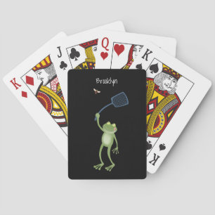 Funny green frog swatting fly cartoon personalised playing cards