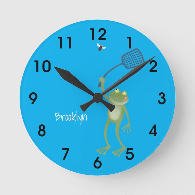 Funny green frog swatting fly cartoon  round clock (Front)