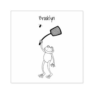 Funny green frog swatting fly cartoon rubber stamp
