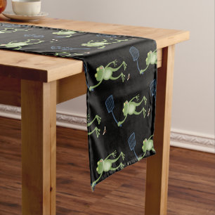 Funny green frog swatting fly cartoon short table runner