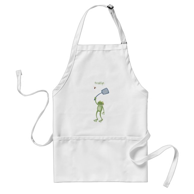 Funny green frog swatting fly cartoon standard apron (Front)