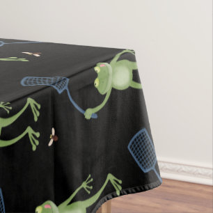 Funny green frog swatting fly cartoon tablecloth